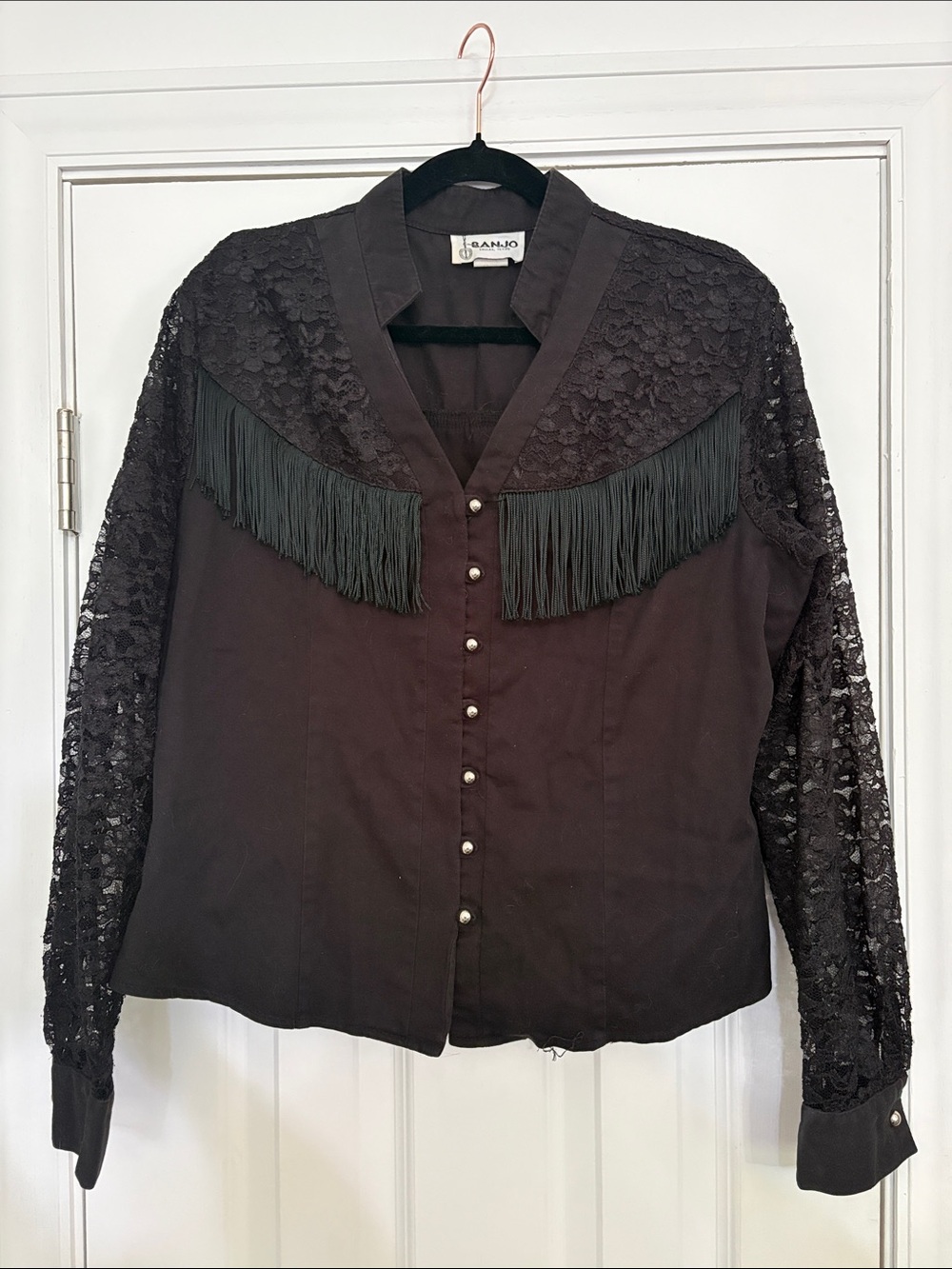 Vintage Banjo Black Western‎ Fringe & Lace Blouse - Size M